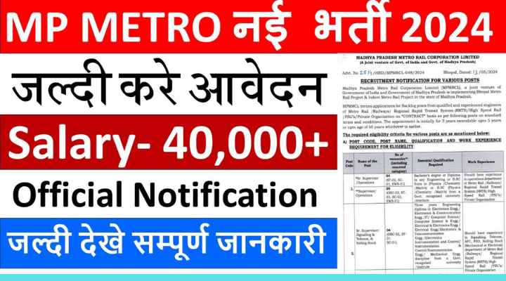Metro Vibhag Vacancy Recruitment 2024, Dates, Qualification, Age, Post, Apply Link