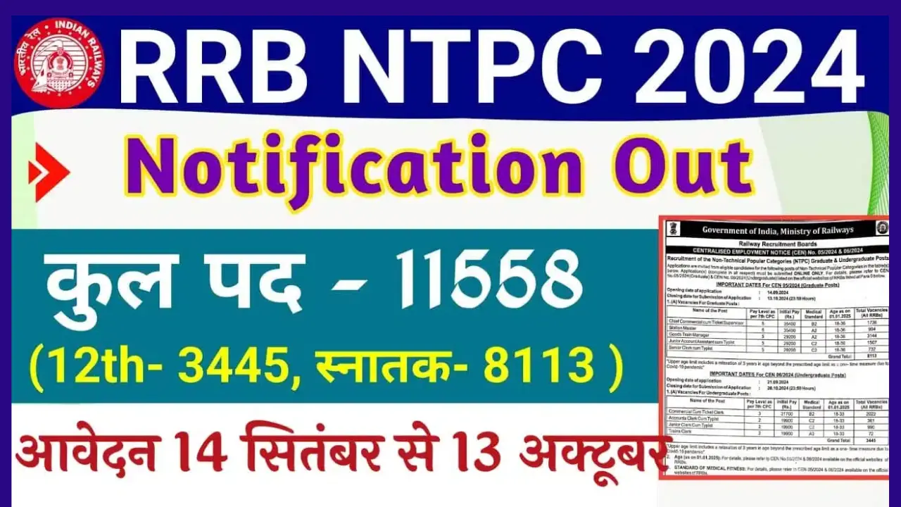 Railway NTPC Vacancy 2024: रेलवे एनटीपीसी भर्ती का 11558 पदों पर 12वीं पास के लिए नोटिफिकेशन जारी